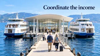 Older travelers approach a shared terminal between two ferries beneath the words “Coordinate the income.”