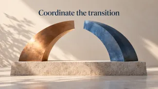 Copper and blue metal arcs share a stone foundation beneath the words “Coordinate the transition.”