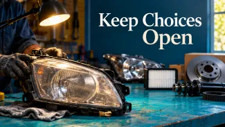 A headlight and other car parts rest on a teal workshop bench beneath the words “Keep Choices Open.”