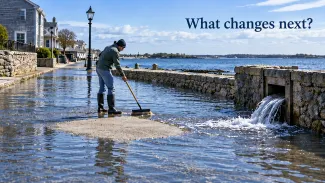 A person sweeps water from a coastal street while more flows through the seawall, beneath “What changes next?”