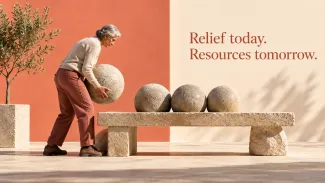 A woman lifts a stone weight from a sturdy bench, beneath “Relief today. Resources tomorrow.”