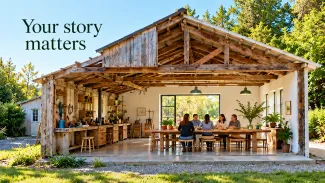 People gather around a table in a converted wooden workshop beneath the words “Your story matters.”