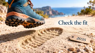 A hiking boot hovers over a footprint beside a tag marked 2035, with the words “Check the fit.”