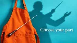 An orange volunteer apron and baton appear beside a conductor’s shadow, with the words “Choose your part.”
