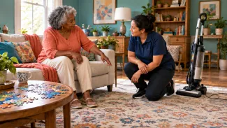 An older woman talks with a cleaner beside her sofa, with a jigsaw puzzle nearby.