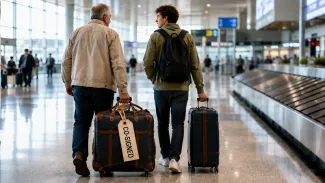 An older adult carries a large suitcase labeled “CO-SIGNED” while a younger adult pulls a smaller bag through an airport.