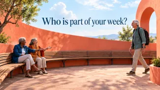 Two women on a curved courtyard bench welcome an approaching man beneath the words “Who is part of your week?”