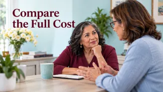 A retired woman talks with a tax professional beneath the words “Compare the Full Cost.”