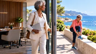 An older woman leaves an office carrying a laptop while her friend prepares for a walk outside.