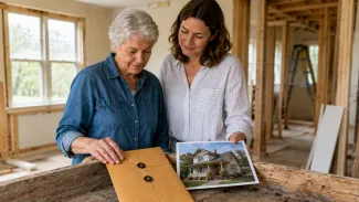 An older woman and her adult daughter review a home photograph and protected record envelope during a renovation.