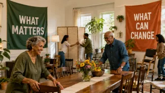A joyful older couple prepares for a family gathering while others rearrange flexible furnishings beneath the words “What Matters” and “What Can Change.”