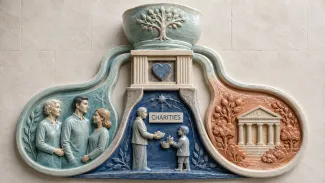 A ceramic relief shows a donor-advised fund flowing toward successor advisors, designated charities, or the sponsoring organization.