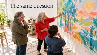 An older woman discusses a colorful mural with two attentive adults beneath the words “The same question.”