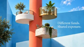 Three distinct balconies share one coral column beside the words “Different funds. Shared exposure.”
