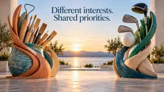 Sculptural holders of art tools and golf clubs frame a sea view beneath the words “Different interests. Shared priorities.”