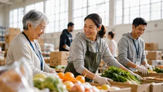 Three generations volunteer together while sorting fresh food for community distribution.