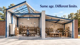 Two adjoining pottery workshop bays have different roof heights, beneath the words “Same age. Different limits.”