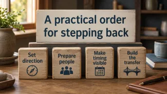 Four blocks show the succession sequence: set direction, prepare people, make timing visible, and build the transfer.