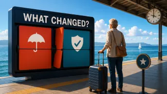 A traveler waits beside a benefits board asking “What Changed?” while the retirement departure marker remains fixed.