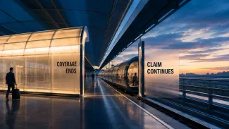 A station shelter ends while a protected train continues past a separate claim marker.
