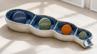 A ceramic channel narrows from uncertain expenses toward known costs and an open outlet for remaining estate cash.