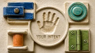 A ceramic relief surrounds a handprint labeled “Your Intent” with four distinct protective mechanisms.
