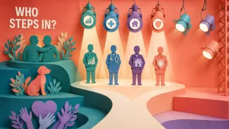 A cut-paper theater separates loved ones and legacy causes from four estate-planning roles, with backup spotlights waiting offstage.