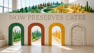 Three colorful ceramic thresholds remain open while a fourth closes beneath the words “Now Preserves Later.”