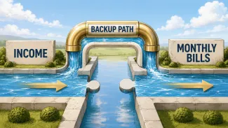 A working alternate channel carries income around an interruption and onward to monthly bills.