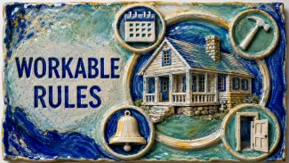 A ceramic relief shows a family cabin surrounded by symbols for scheduling, upkeep, shared decisions, and an exit.