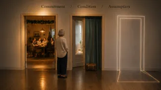 A retired woman considers three thresholds representing a family commitment, a conditional possibility, and an unspoken assumption.