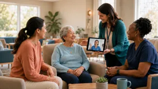 An older adult, family member, geriatric care manager, and care professionals coordinating in person and by video.
