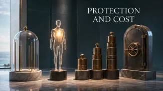A glowing human sculpture stands beside rising bronze weights and a protective vault, representing the balance between life-insurance protection and cost.