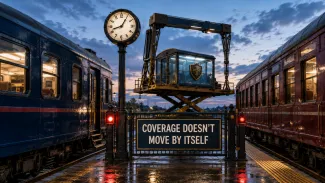 A protective rail compartment moves between two trains beneath a clock and a sign reading “Coverage Doesn’t Move by Itself.”