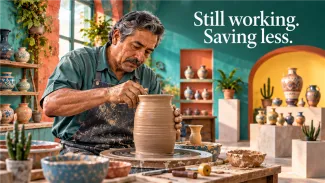 An older potter shapes a vessel in a colorful studio beneath the words “Still working. Saving less.”