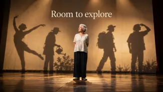 An older woman stands on a stage before shadows of dancing, gardening, hiking and exploring beneath the words “Room to explore.”