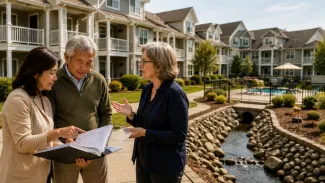 An older couple reviews HOA documents with an association representative beside the community’s shared homes, pool, and drainage system.