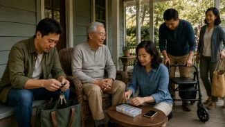 Four adult siblings coordinate transportation, medication organization, mobility support, and backup help while their father participates comfortably.