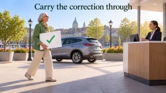 An older woman carries a check-mark panel toward an insurance professional’s counter, with a car nearby, beneath “Carry the correction through.”