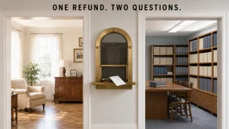 A joint refund arrives through one window positioned between a survivor’s household and an estate records room.