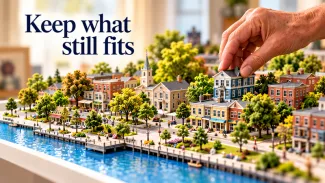 A hand adjusts one building in a waterfront community model beside the words “Keep what still fits.”