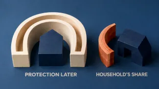 Ivory protective arches surround one navy house, while a smaller terracotta barrier partly shelters another, illustrating protection retained versus responsibility returned to the household.