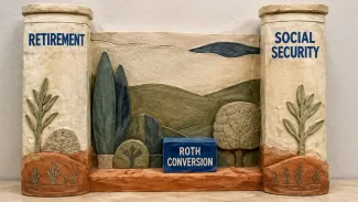 A ceramic relief shows a measured Roth conversion between retirement and Social Security.