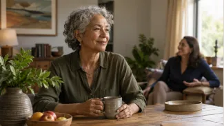 An older woman holds a coffee cup at a wooden table while another woman sits nearby in a warmly lit home.