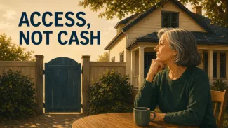 A woman considers an unopened gate beside her home beneath the words Access, Not Cash.