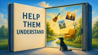 An open book frames family photographs, music, a favorite chair, and a dog beneath the words “Help Them Understand.”