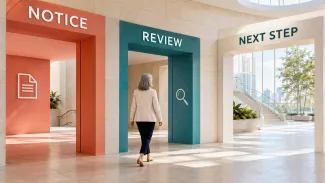 A woman walks from a notice doorway through policy review toward a bright opening labeled Next Step.