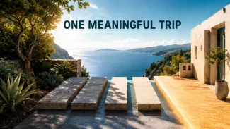 Four stone stages cross a sunlit coastal terrace beneath the words “One Meaningful Trip.”