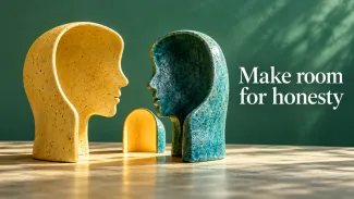 Yellow and teal ceramic profiles face each other beside the words “Make room for honesty.”
