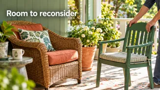 A person brings a second chair onto a sunny porch beneath the words “Room to reconsider.”